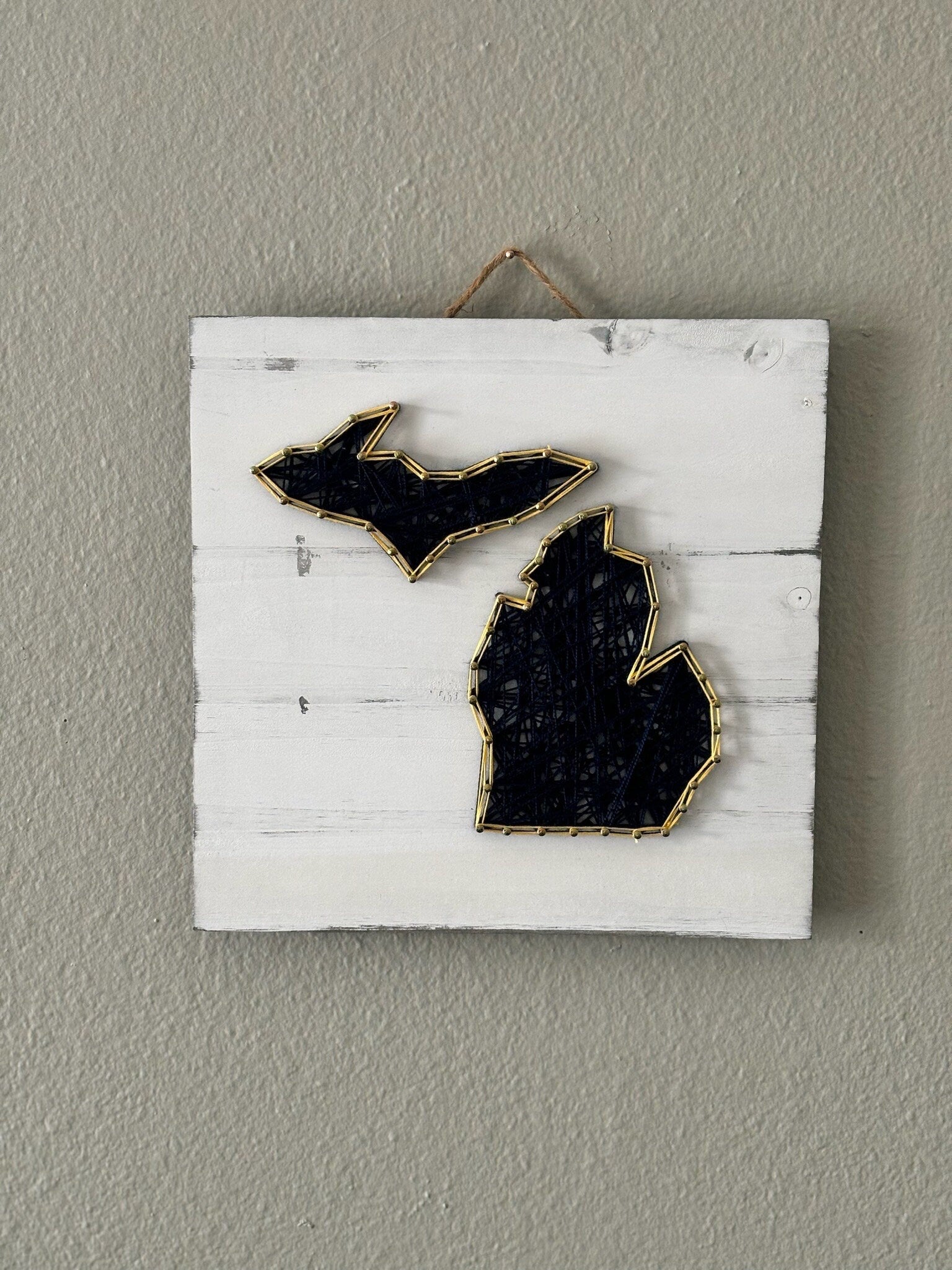 Handmade Michigan String Art on Stained Fir Wood: State Pride Decor