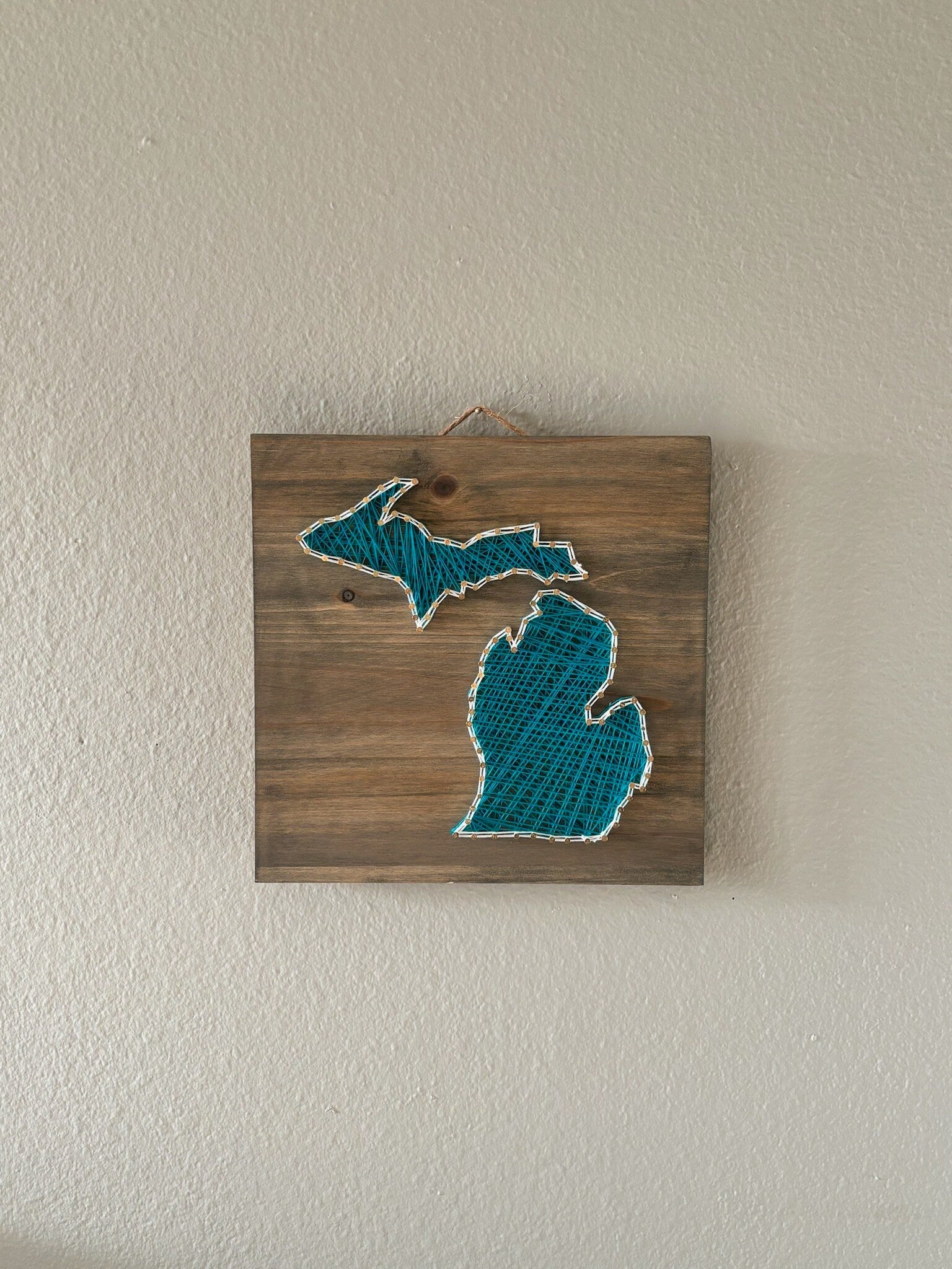 Handmade Michigan String Art on Stained Fir Wood: State Pride Decor