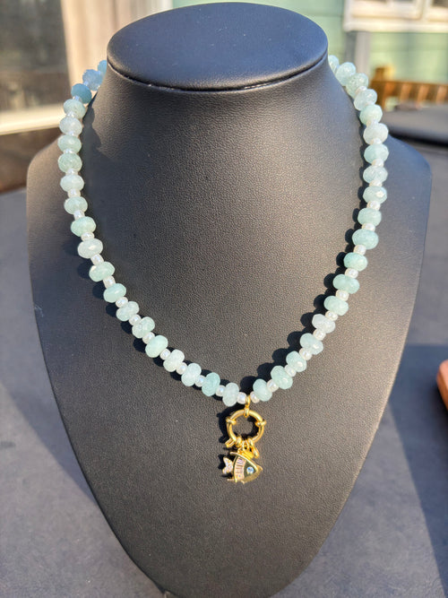 Aqua Dyed Quartz Beaded Necklace with Fish Charm
