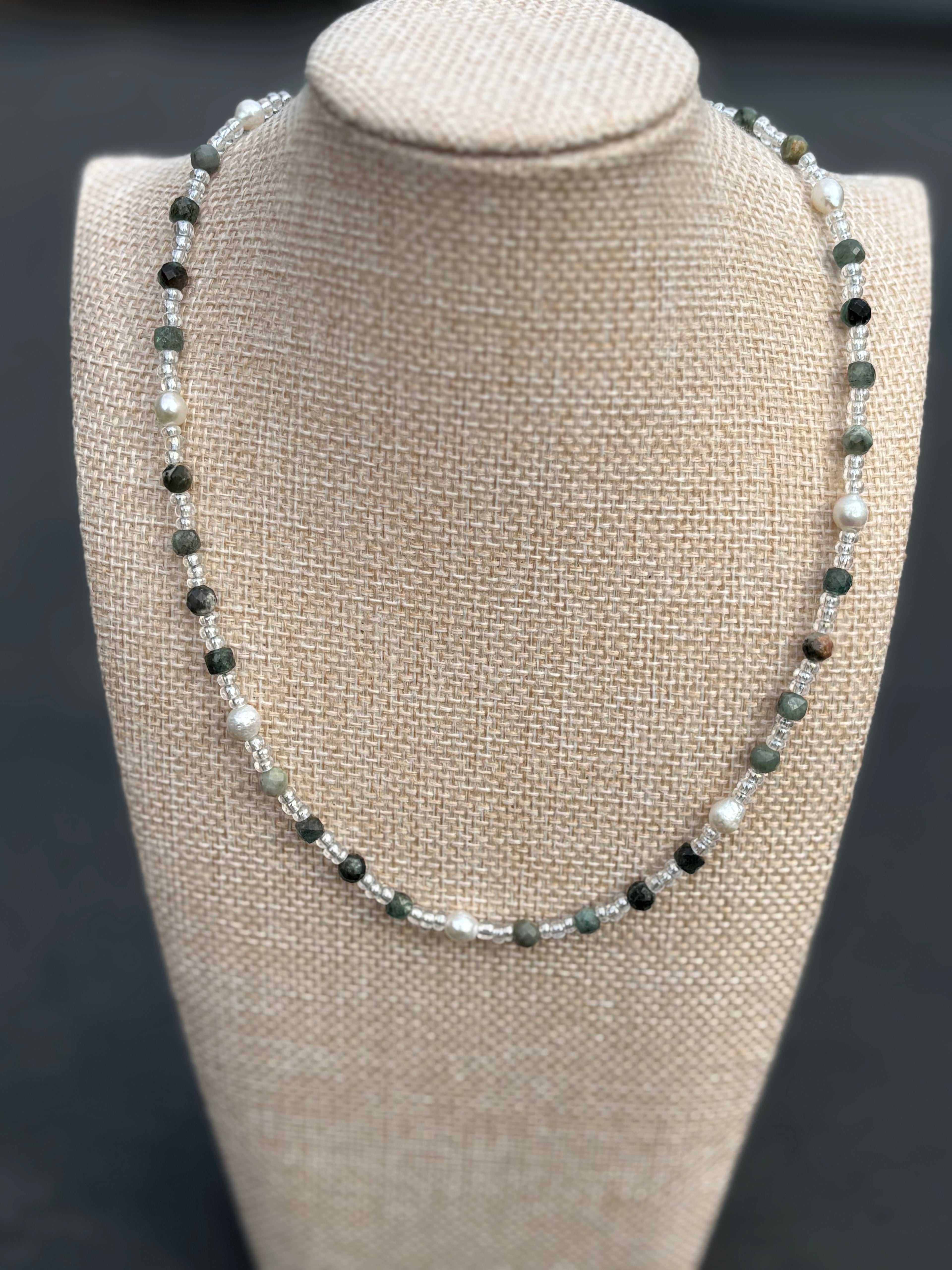 Natural Green Kyanite & Natural Dark Emerald Beaded Necklace
